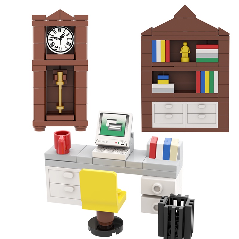 Office Desk Building Blocks Computer Clock Bookshelf Toys Assembly Gifts Collection