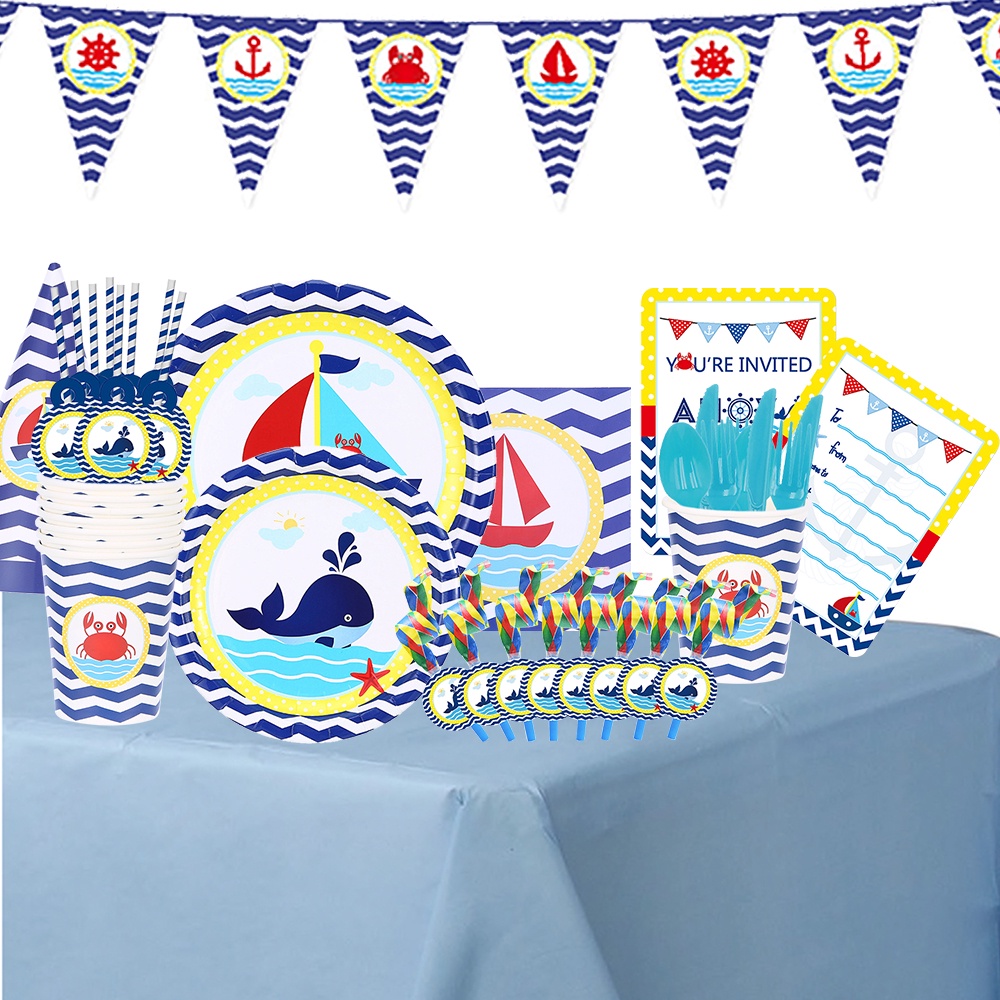 New Blue Boat Nautical Theme Birthday Party Decoration Set Baby Disposable Tableware Paper Cup Gift Box Supplies Children Party Favor Party Venue Layout Props Paper Supplies