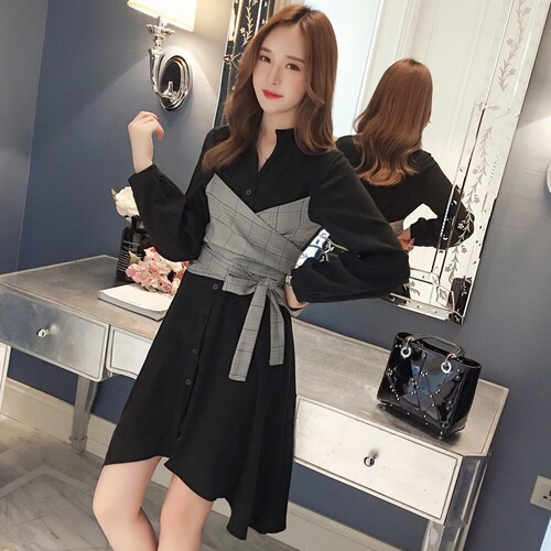 优质现货 长袖洋装绑带格纹拼接连身裙宴会礼服正韩洋装连身洋装a字裙女生洋装正韩洋装l 4xl Shopee Malaysia