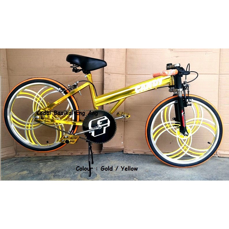 Basikal Fixie Biru Tayar Kuning