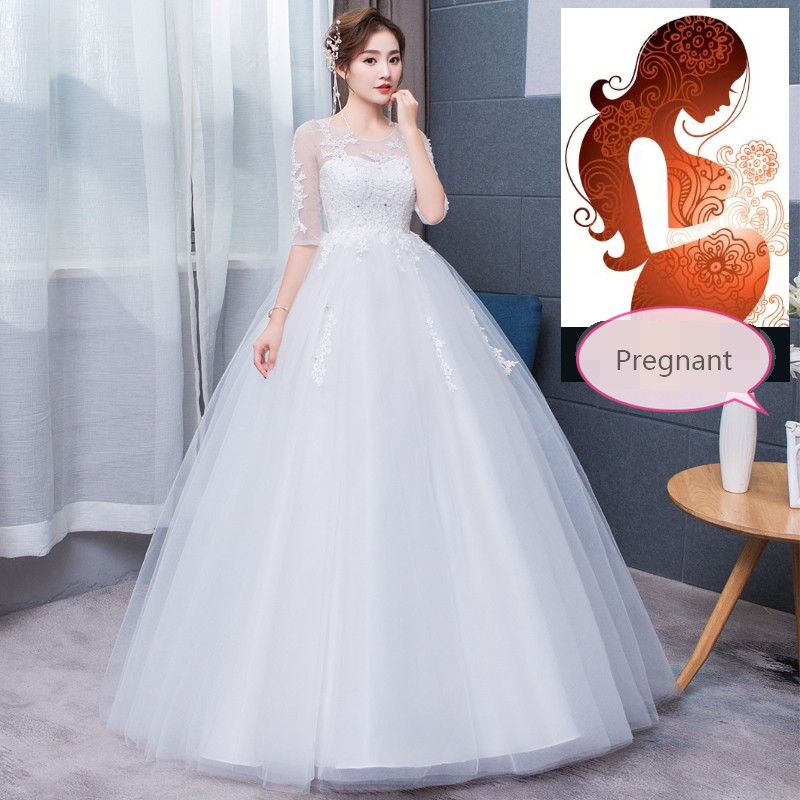 High Waist Pregnant Half Sleeve Lace Flower Wedding Bridal Gown