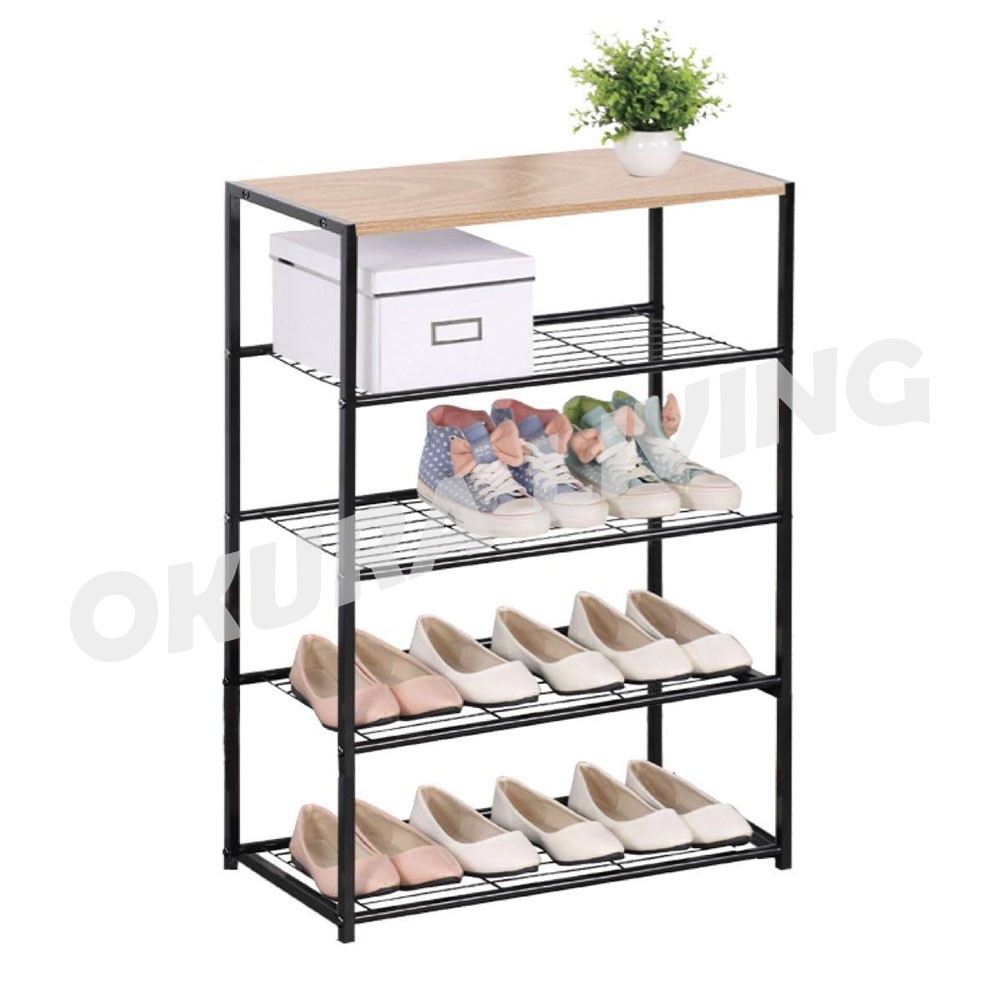 Okura Modern 5 Tiers Premium Space Saver Wood Top Shoe Rack Metal Frame Shopee Malaysia