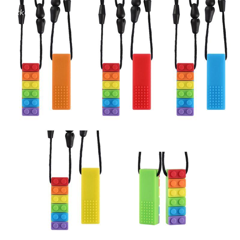 WIT Rainbow Brick Chew Necklace Baby Silicone Teether Autism Sensory Chew Therapy Tools Kids Chewy Toys