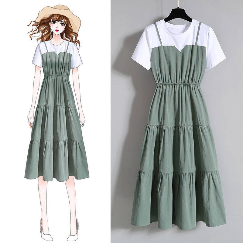 Large women's fashion suspender fake two long dress 2022 waist show thin short sleeve dress woman