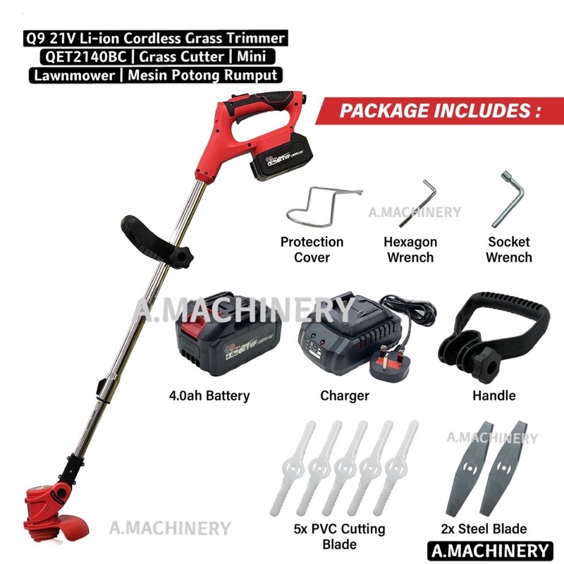 Q9 21V Li-ion Cordless Grass Trimmer QET2140BC | Grass Cutter | Mini Lawnmower | Mesin Potong Rumput