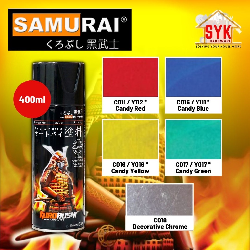 SYK Samurai Spray Paint Candy Chrome Color Sprays 400ml Candy Red/Blue/Yellow/Green Decorative