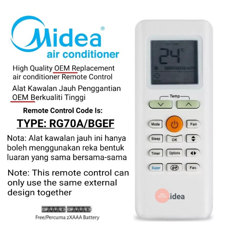 Midea Air Cond Air Conditioner Replacement Remote Control (RG70A/BGEF