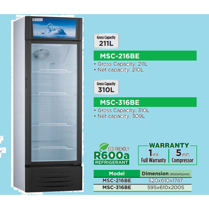 2021 MIDEA 210L SHOWCASE CHILLER MSC-216,KEY LOCK,ECO FRIENDLY/MSC-316BE (310L)