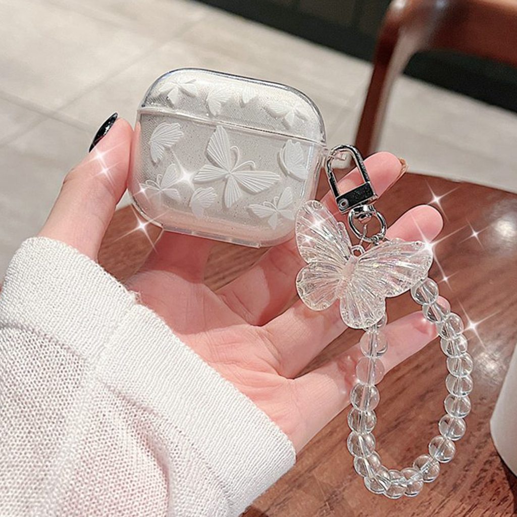 Casing for Airpods Pro 2 1 3 Pro Ins Glitter Bling Butterfly TPU Soft Clear Bluetooth Earphone Case with Crystal Bead Chain Bracelet Wireless Headset Sleeve Earbud Protective Cover