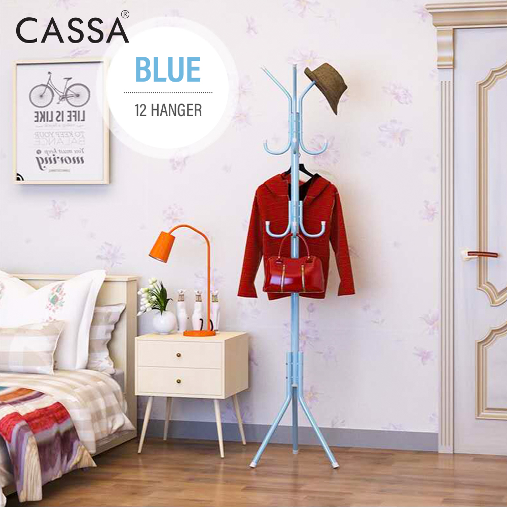 [Heavy Duty-32MM Pole] Cassa Edge Coat Hanger Rack Stand 12 Hook Hanging Entryway Hat Purse Display Hall Metal Pink/Blue