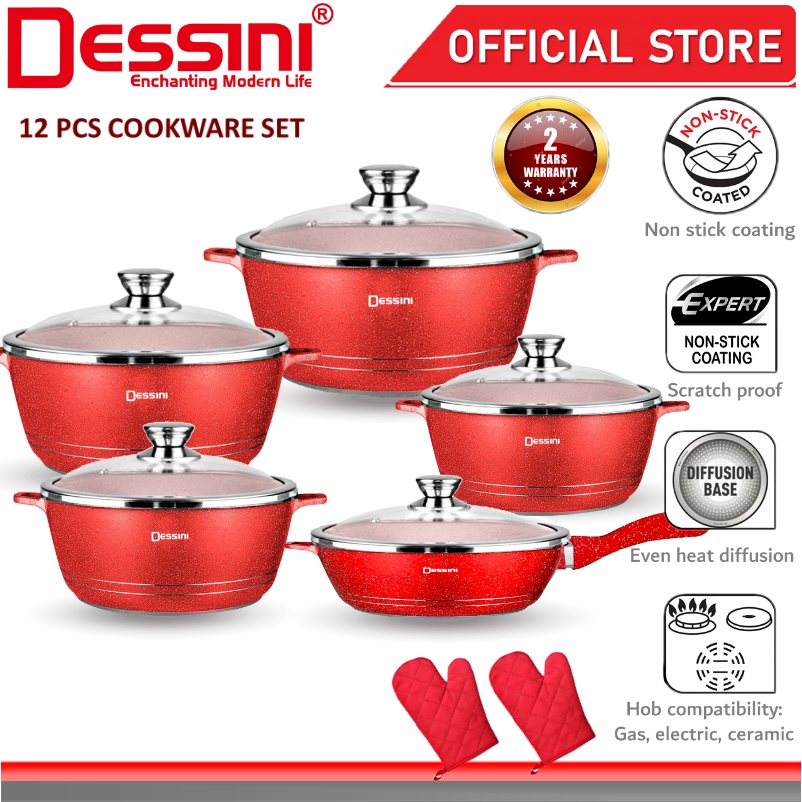 DESSINI ITALY Granite Aluminium Non Stick Casserole Pot Bowl Deep Fry Pan Cookware Tool (12 Pcs)