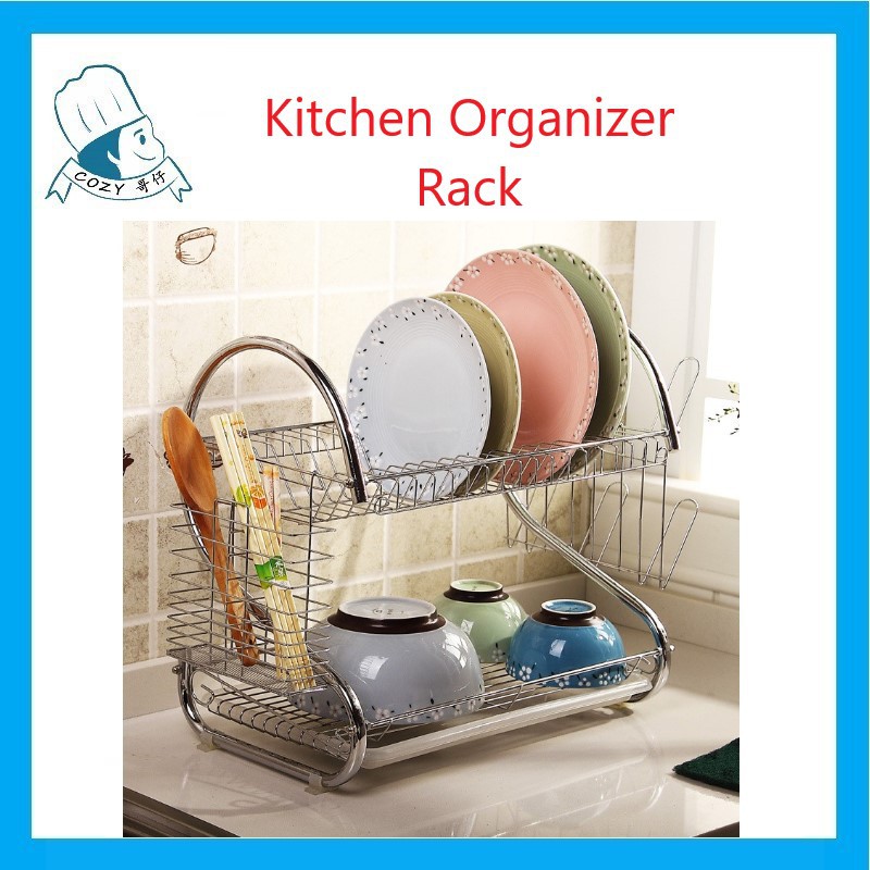 Stainless Steel 2 Layer S Shape Dish Rack Set with Tray Kitchen Rack