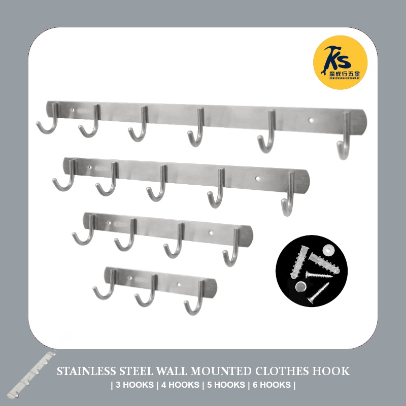 STAINLESS STEEL WALL MOUNTED CLOTHES HOOK ( 3 4 5 6 ) Shopee