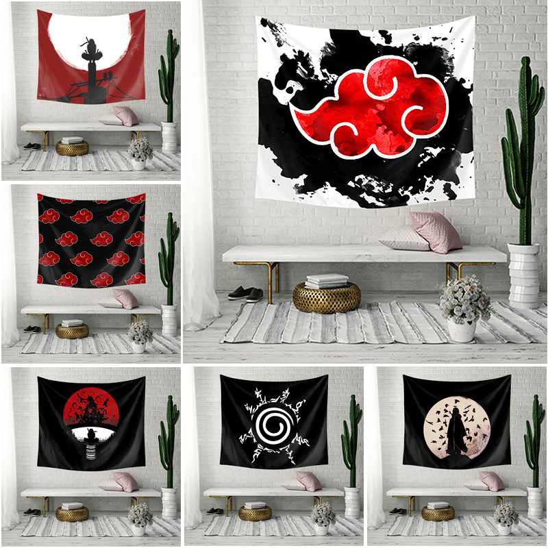 Japan Anime Naruto Sasuke Uchiha Akatsuki Logo Polyester Wall Hanging Tapestry Tropical Sofa Bedroom Dormitory Home Decor Tapestries (Tapestry Background with Clips )150x130cm