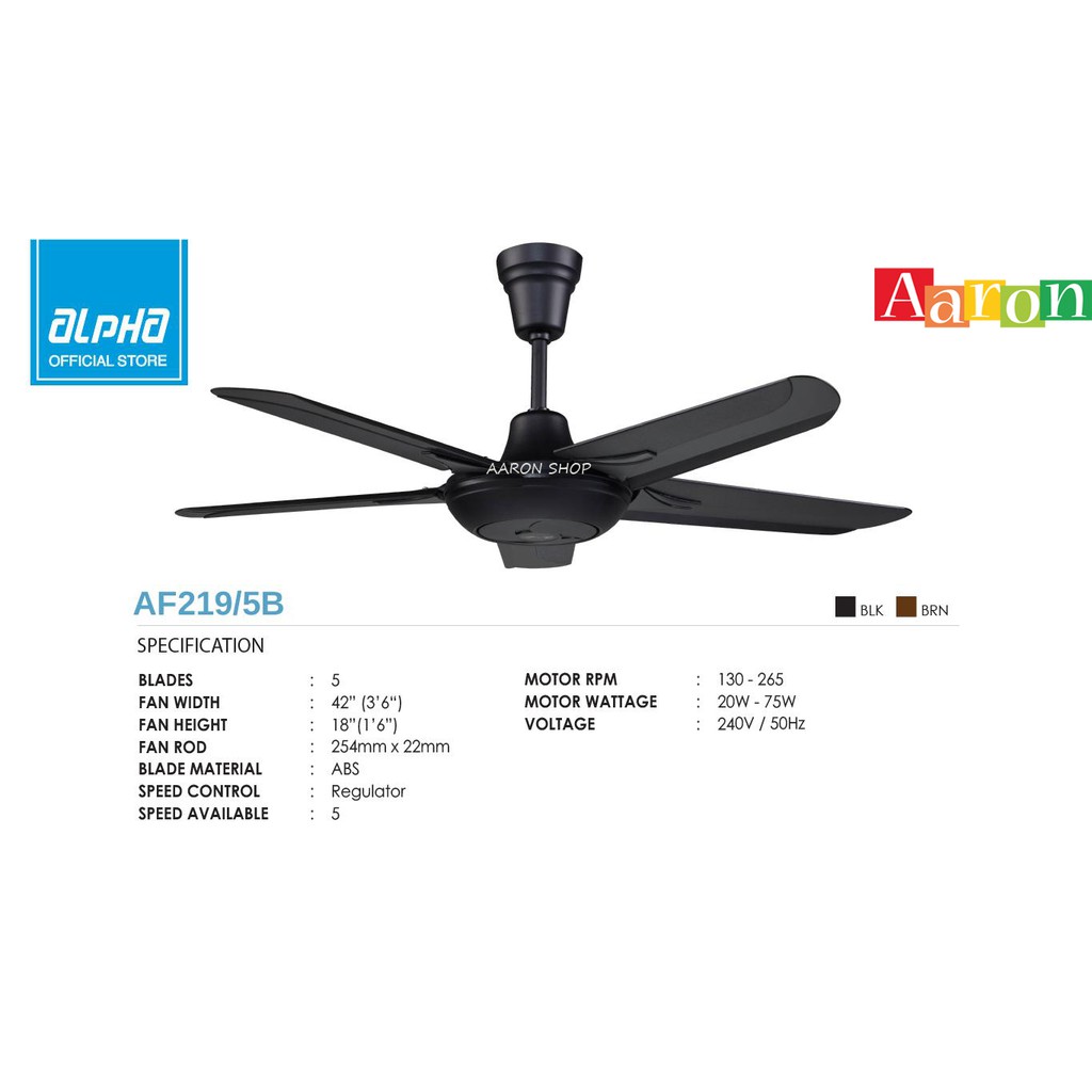 Alpha 219 42 Ceiling Fan With 5 Blades 5 Speed Regulator Black