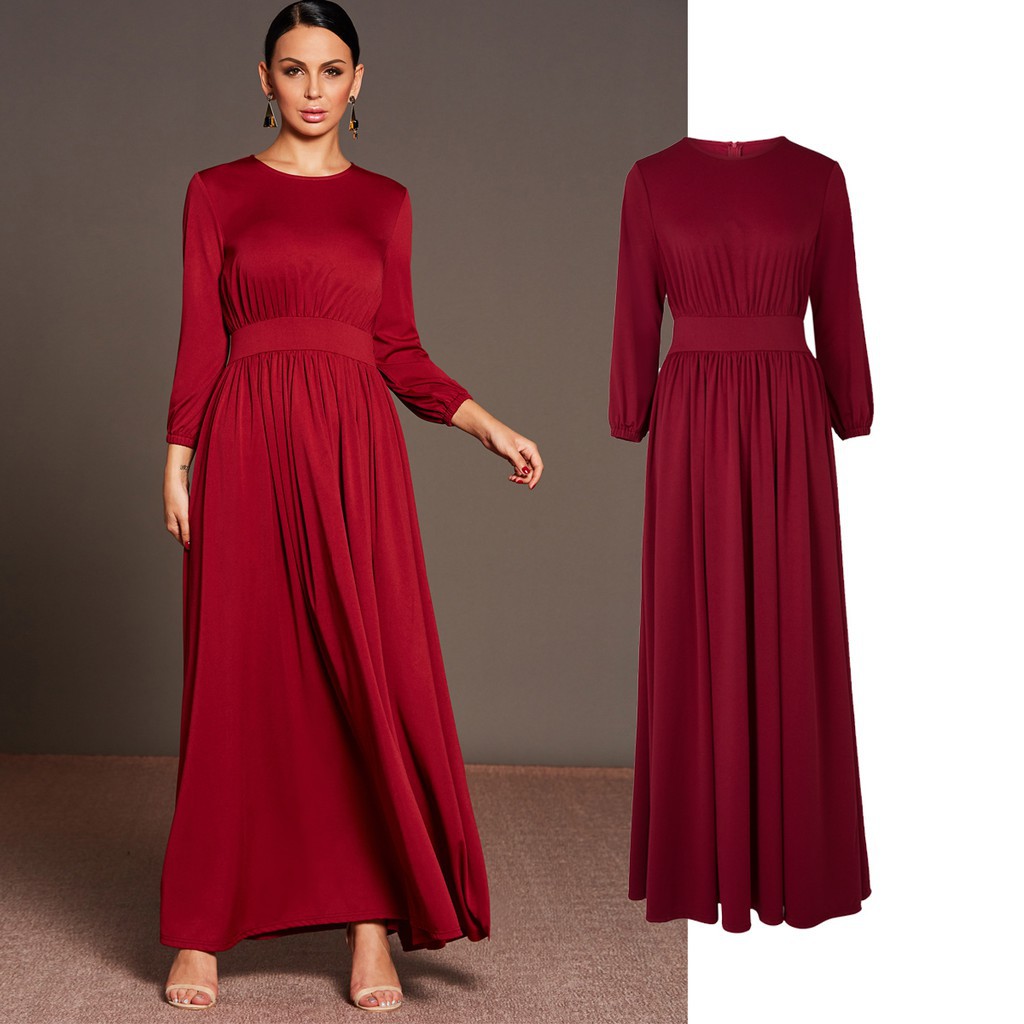 red long sleeve pleated dress