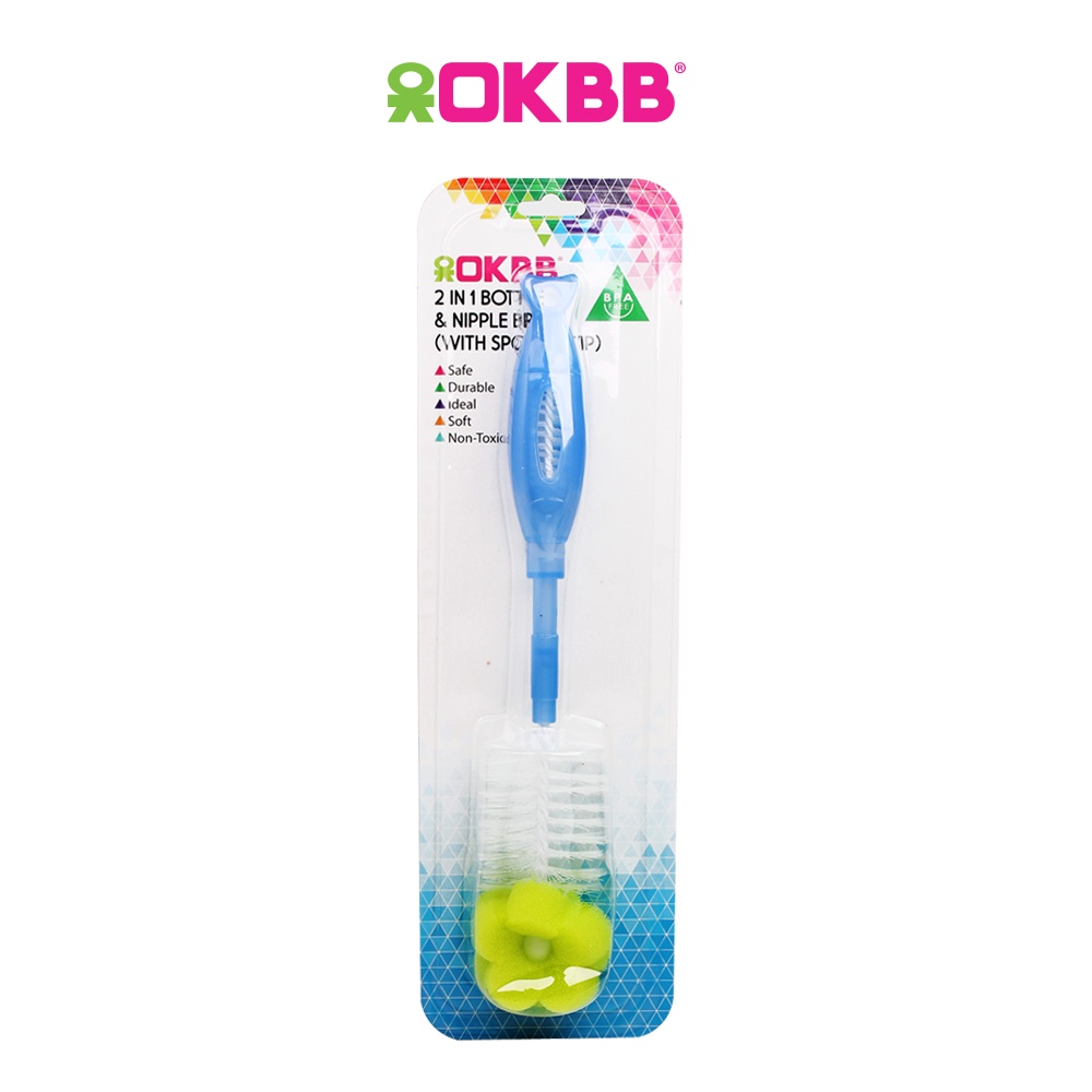 OKBB 2-In-1 Bottle And Nipple Brush With Non-slip Handle And Flower Shape Sponge Tip Feeding Essentials BB304