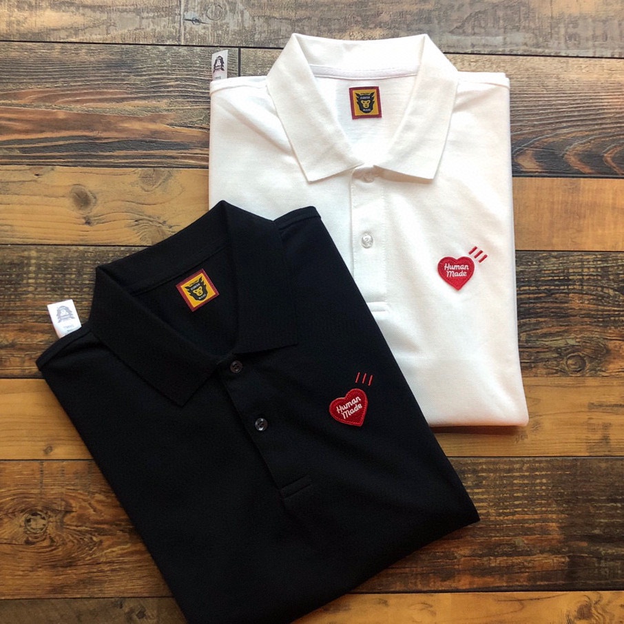 human made small red heart print men and women piqué cotton summer simple lapel T-shirt polo