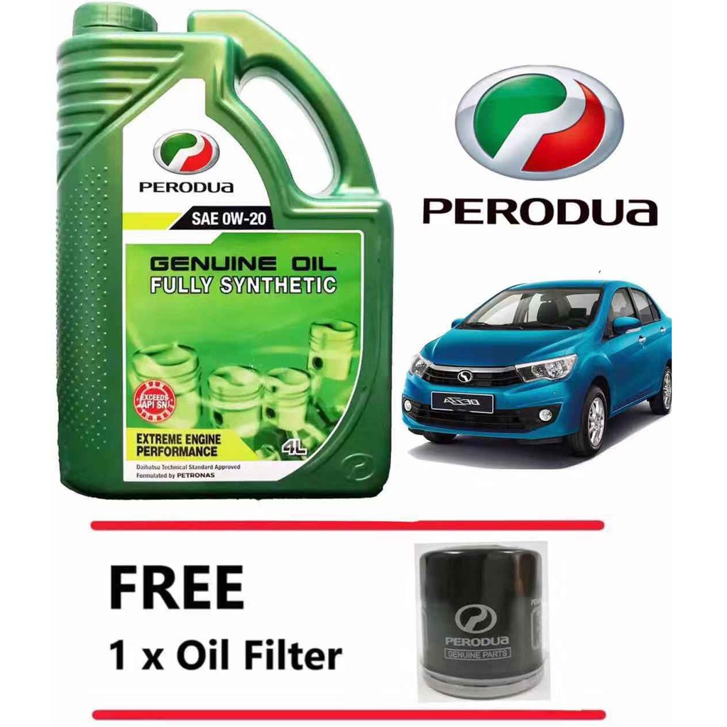 Perodua engine oil 0w20 0w20 Fully Synthetic (4L) + Perodua Oil Filter bezza , axia  Shopee