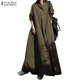 Image of ZANZEA Women Casual Full Sleeve Retro Side Pockets Solid Long Dress