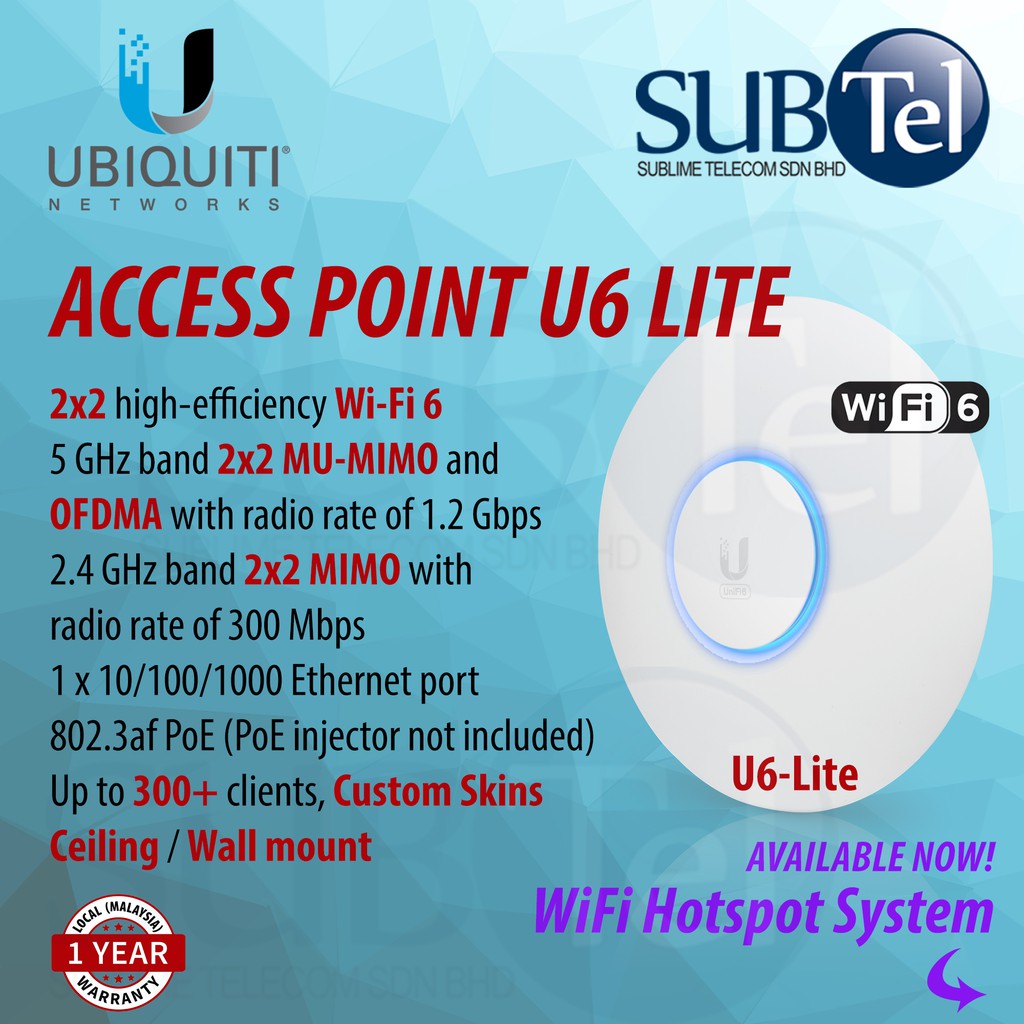Ubiquiti U6-LITE Access Point WiFi 6 LITE Dual band 2x2 MIMO AP 2.4GHz