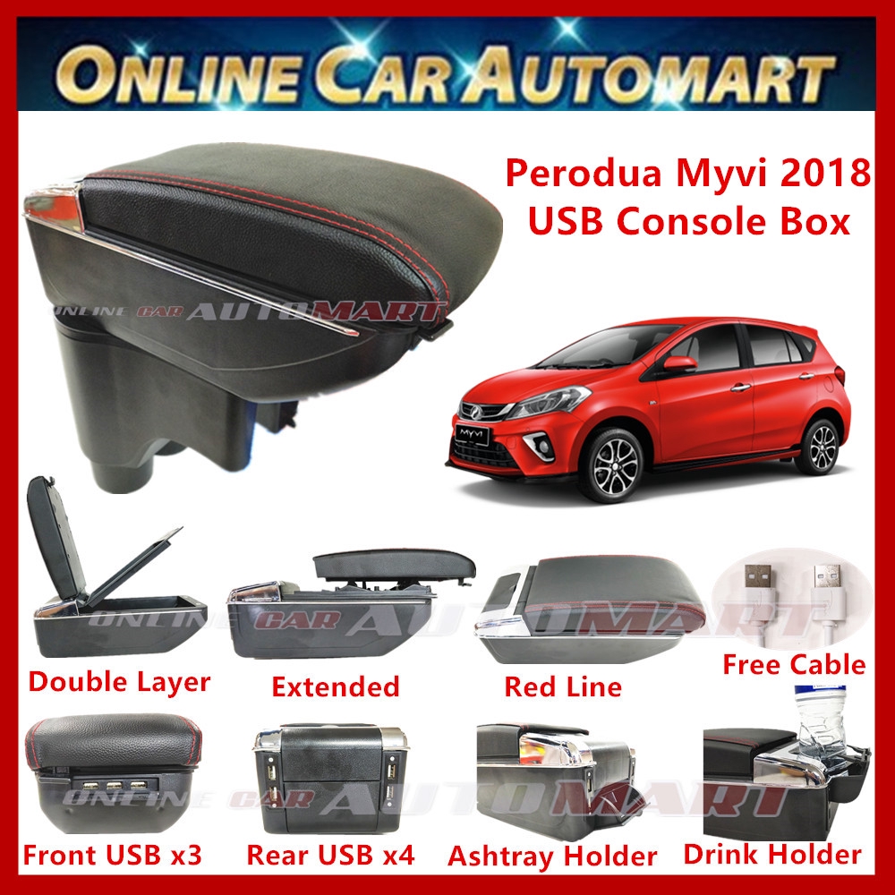 Perodua Myvi 2018- Present 7 USB Charger Port PVC Adjustable Arm Rest/Armrest Center Console Box (Red Line)