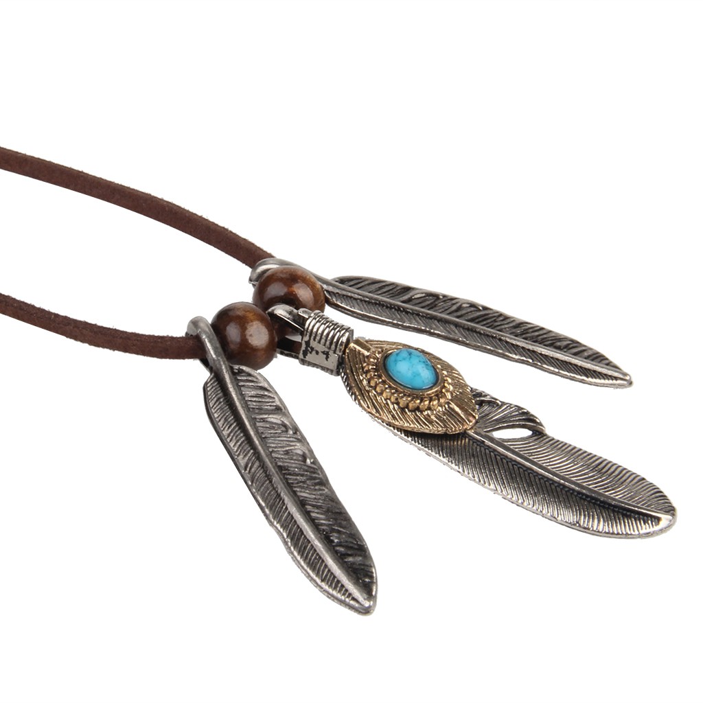 [chiwanjibaMY] Vintage Turquoise Feathers Shape Pendant Velvet Cord Necklace