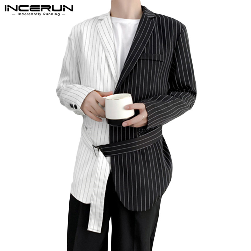INCERUN Men Autumn Fashion Patchwork Striped Long Sleeve with Belt ...