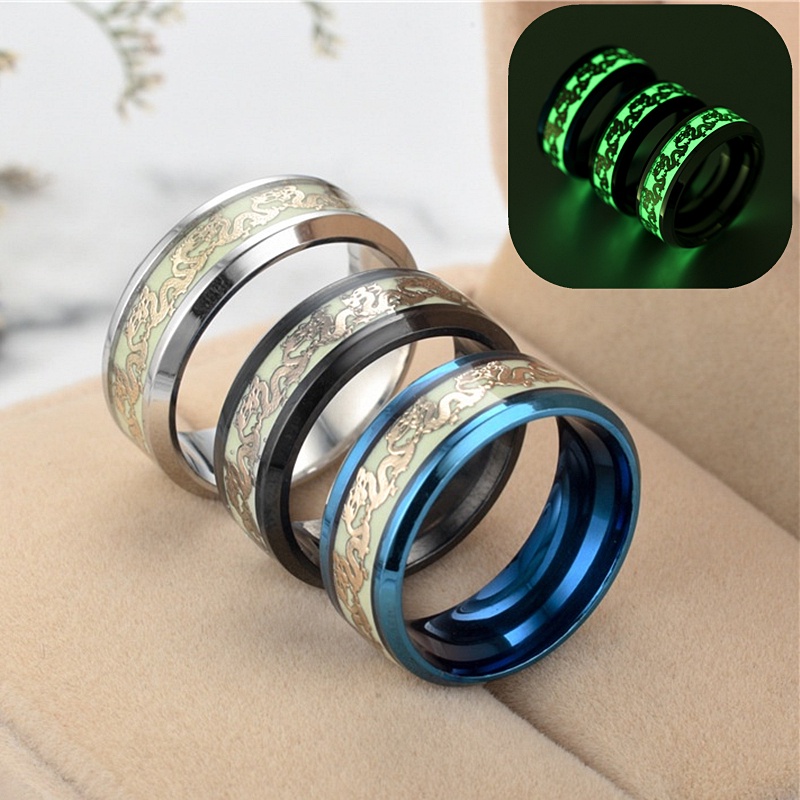 New Fashion 8MM Luminous Plated Ring Dark Golden Dragon Inlay Green ...