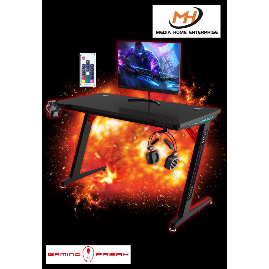 Gaming Freak Gaming Desk GF-GDB01RGB-BK - RGB light, Headphone Holder, Cup Holder, Electric Wire and Socket Box