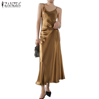 Image of ZANZEA Women Casual Sleeveless V Neck Solid Color Swing Long Dress
