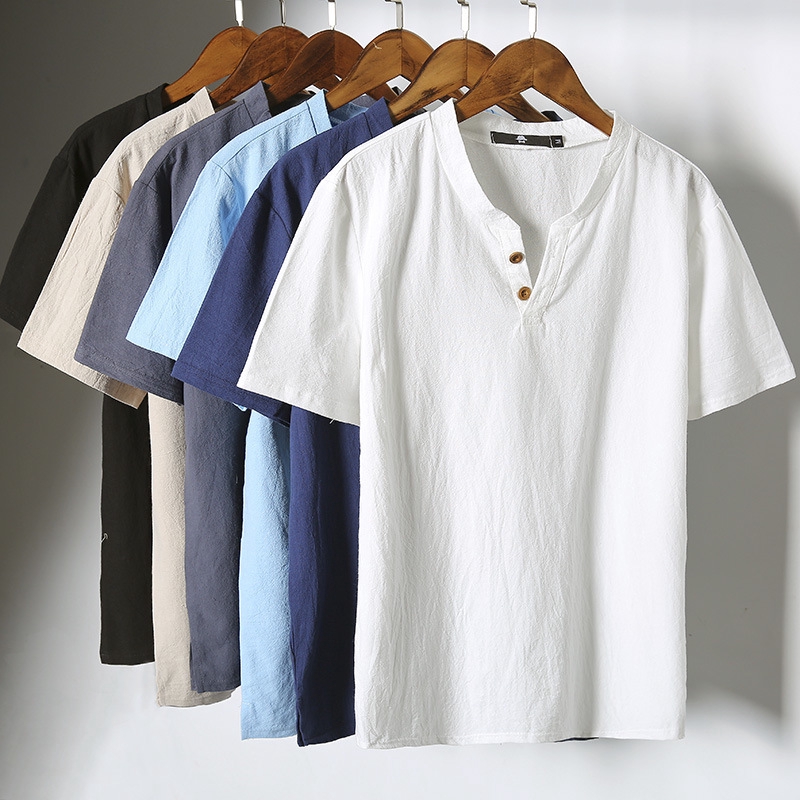 Cotton and linen t-shirt men's summer solid short sleeve T-shirt ...