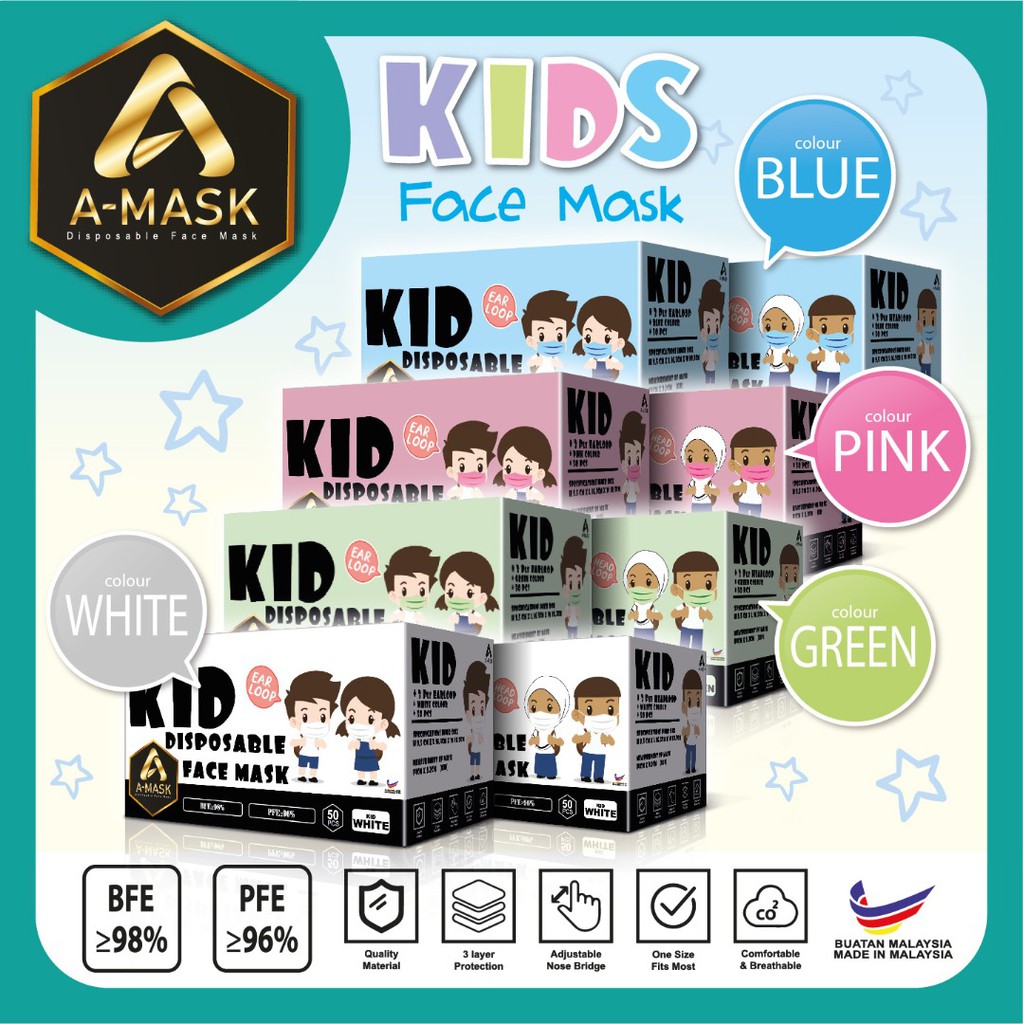 [SIRIM APPROVED] A-Mask Kid Disposable Face Mask - Ear Loop/Head Loop/For Hijab/Children (50 Pcs)