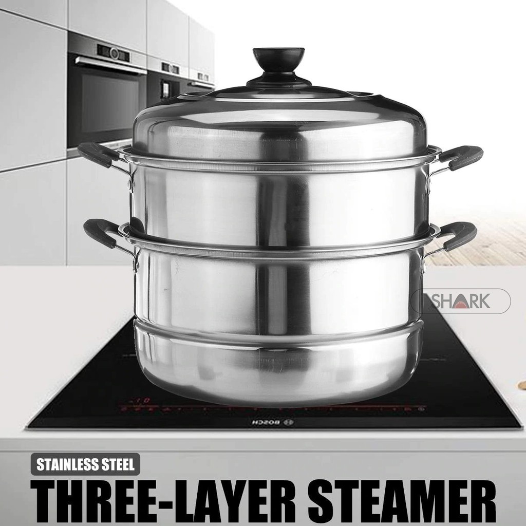 High Quality 30cm 32cm 34cm 36cm 40cm 3 Layers 304 Stainless Steel Steam Pot Steamer Cookware Periuk Kukusan#