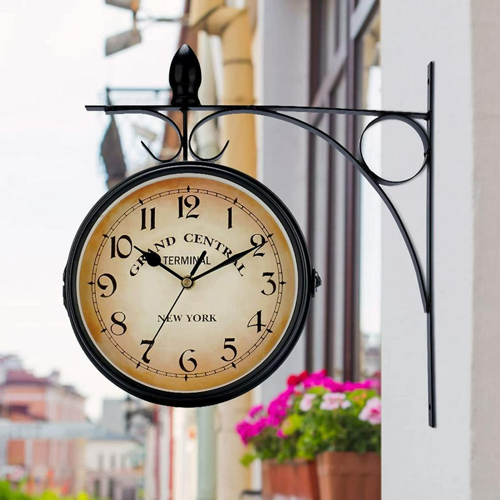 Outdoor Wall Clock Double Side Station Retro Outside Bracket Vintage Decorative Metal Antique Style Hanging Clock Gifts