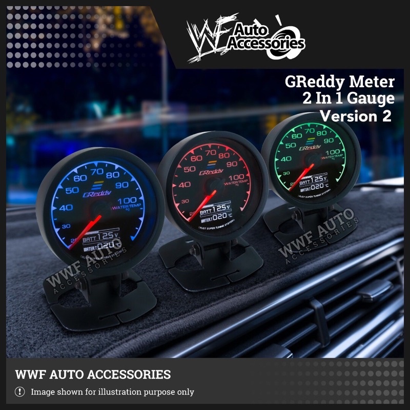 GReddy Style 2 In 1 Gauge / Meter with 7 Color (Version 2) - Turbo Boost Water Oil Temp Oil press Vacuum Tacho RPM Volt