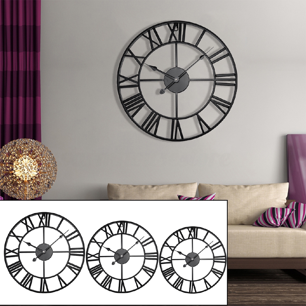 Modern 3D Large Retro Black Iron Art Hollow Wall Clock Roman Numerals Home Decor 