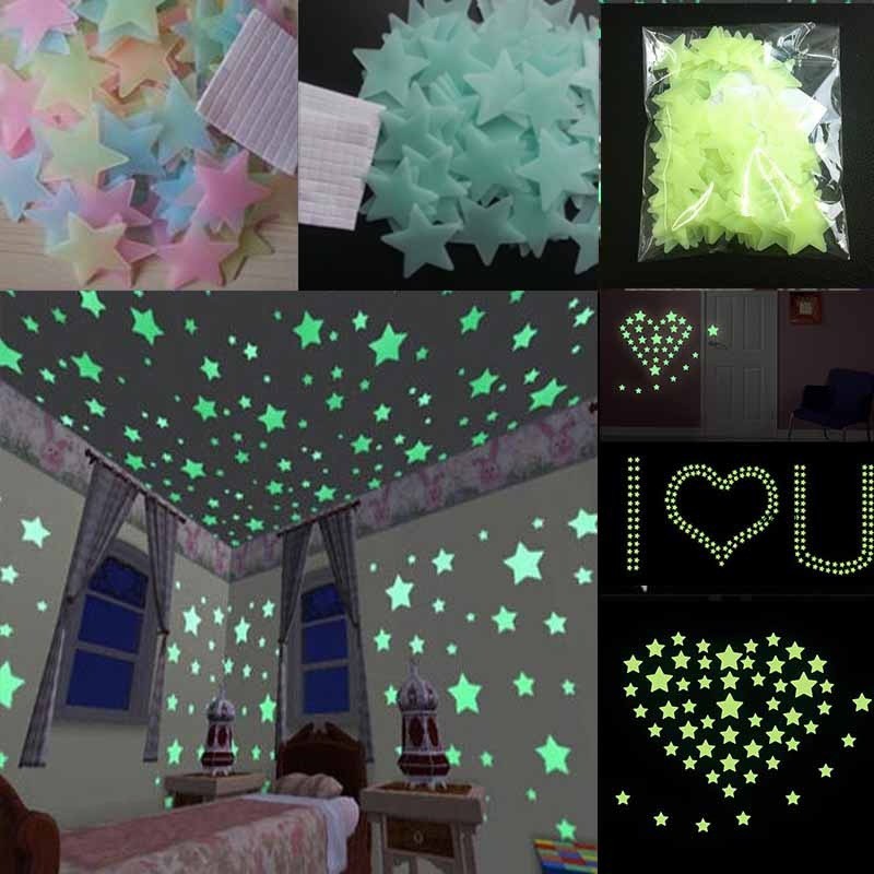 100 pcs Wall Glow In The Dark Stars Stickers Kids Bedroom Nursery Room Decor