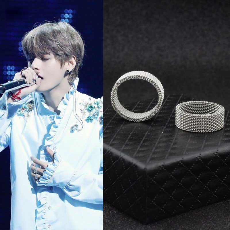 Bts V Stainless Steel Net Mesh Couple Ring Silver Plated Jewelry Shopee Malaysia