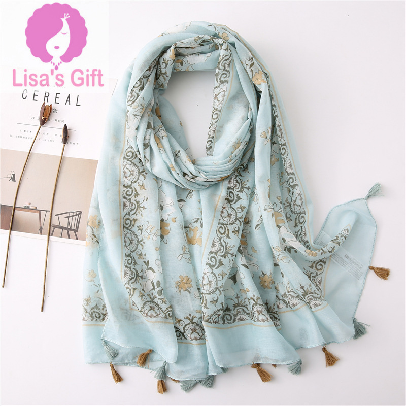 Spring and Summer Cotton Hemp Ethnic Style Tourism Beach Holiday Sunscreen Scarf Blue Floral Printed Scarf