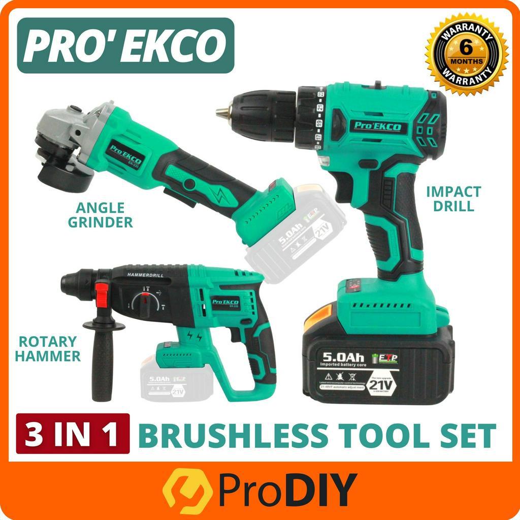 [3 In 1] Pro Ekco Ladderman 3pcs Brushless Impact Drill Rotary Hammer Angle Grinder With