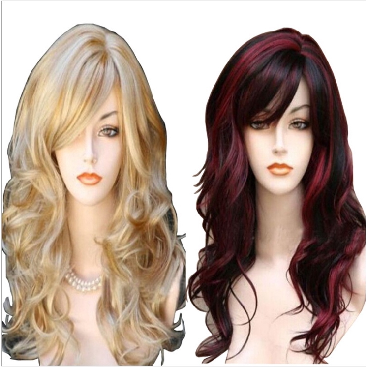 Women Big Wave Shallow Gold Highlights Long Hair Wig Masquerade