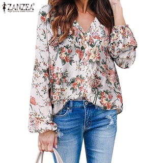 Image of ZANZEA Womens Long Sleeved V Neck Floral Printed  Casual Blouse