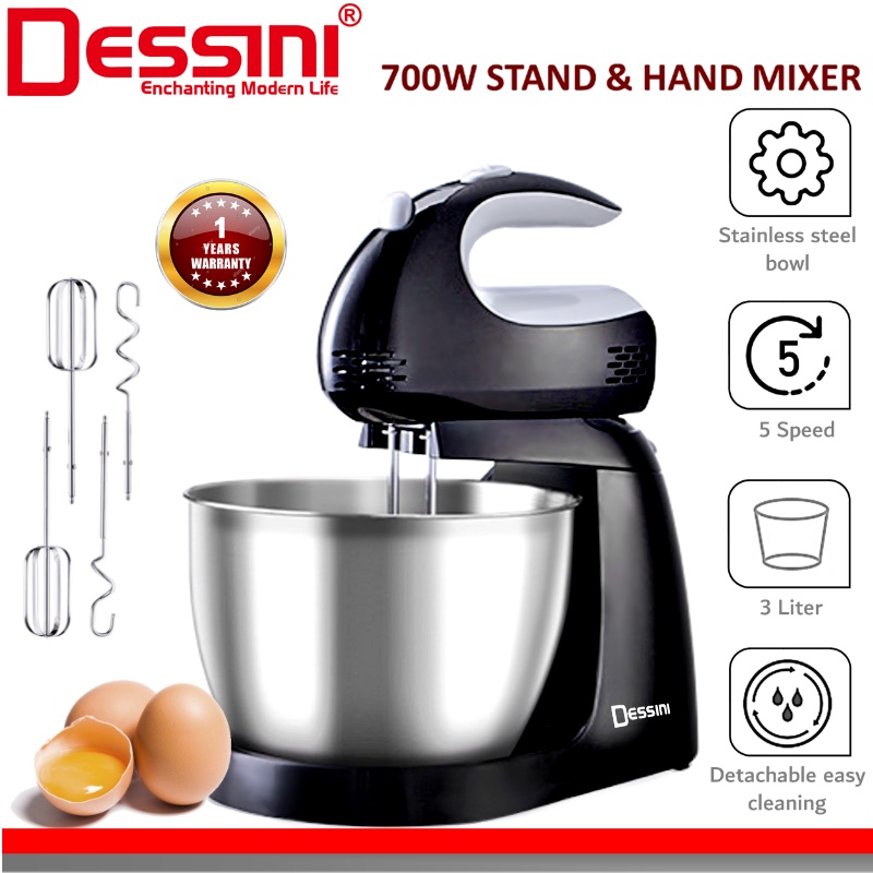 DESSINI ITALY 5 Speed Electric Stand Mixer Hand Beater Egg Blender Grinder Dough Whisk 3L Bowl Pengadun Bancuh Telur