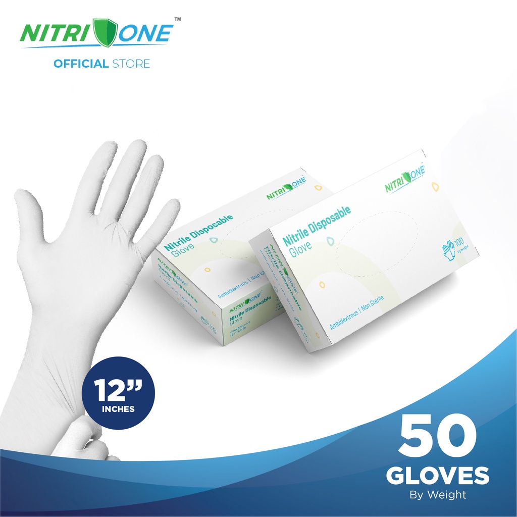 NitriOne Nitrile White Disposable Powder Free 12inch (50 Pcs)