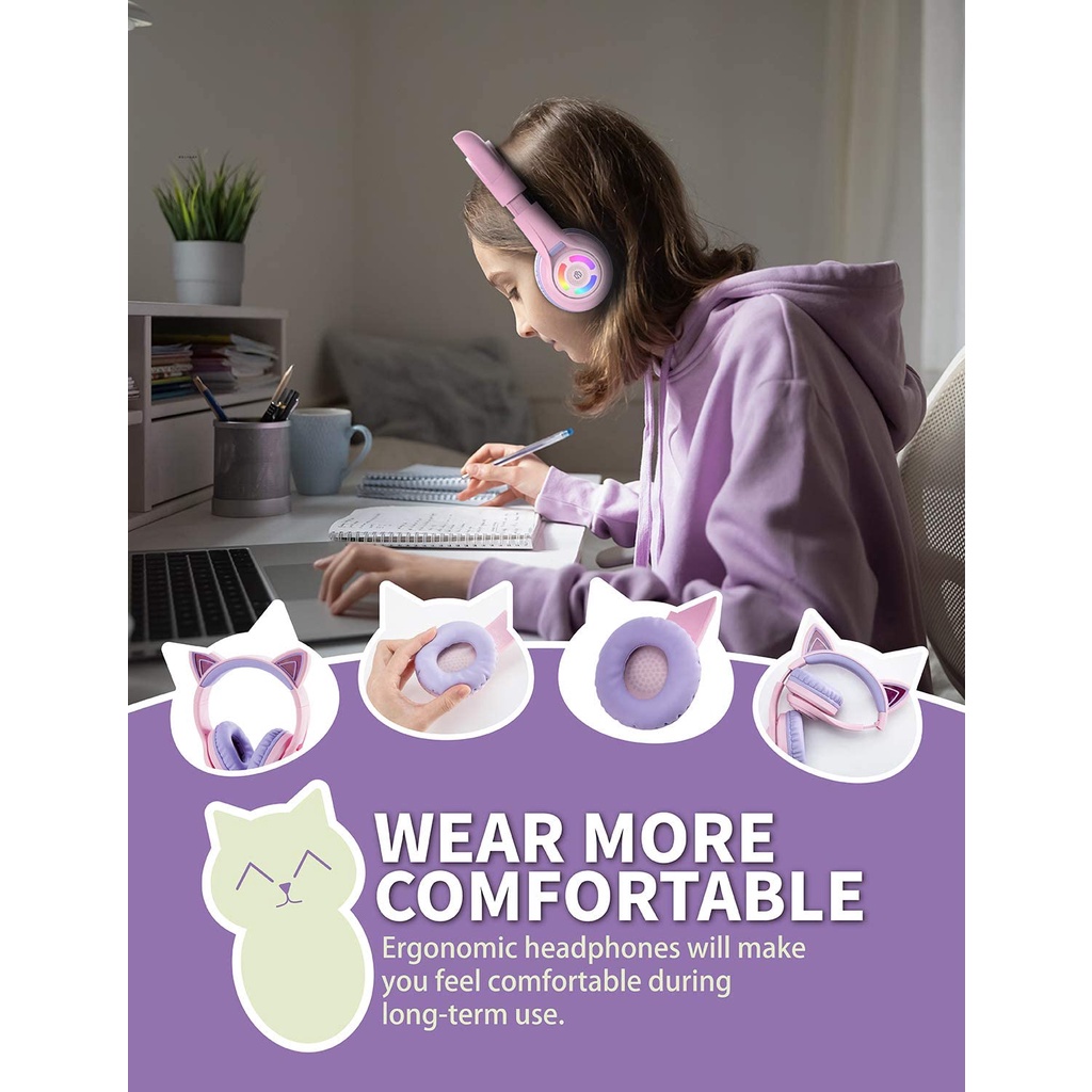 iClever BTH13 Cat Ear Bluetooth Headphones RGB LED Light Up