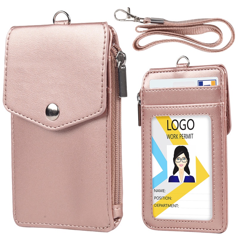 Business Card Holder with Lanyard Zipper ID Card Holder Luxury Leather ...