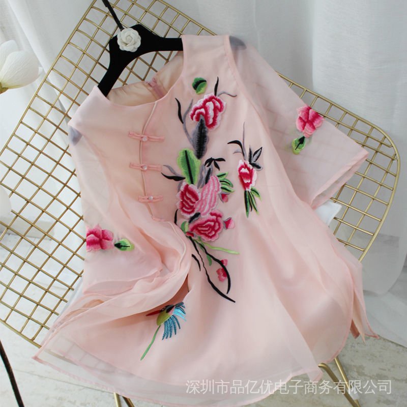 J277Chinese Style Top Spring New Classy Celebrity Organza Embroidered Blouse Diagonal Blouse Large Size