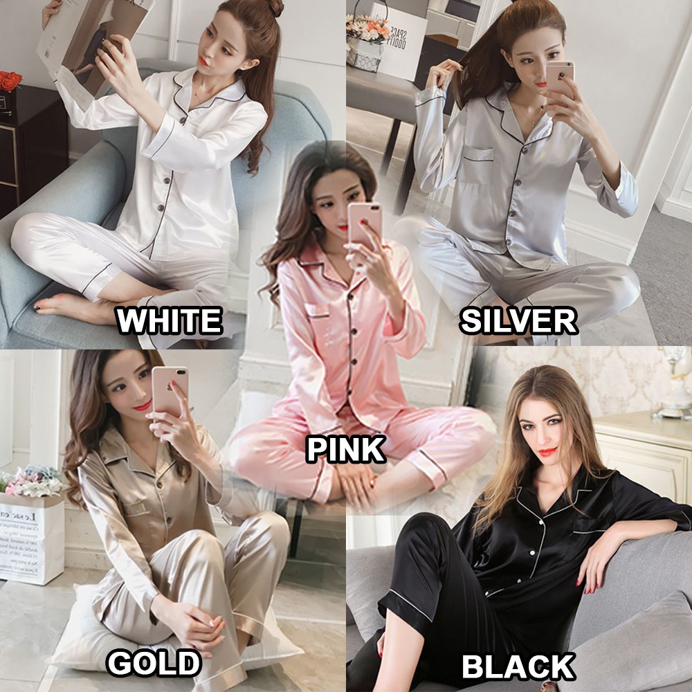 McJoden-PANDORA(P2)Silk Satin Pajamas Set Unisex Long Sleeve Women Sleepwear Nightwear Baju Tidur wanita perempuan Licin