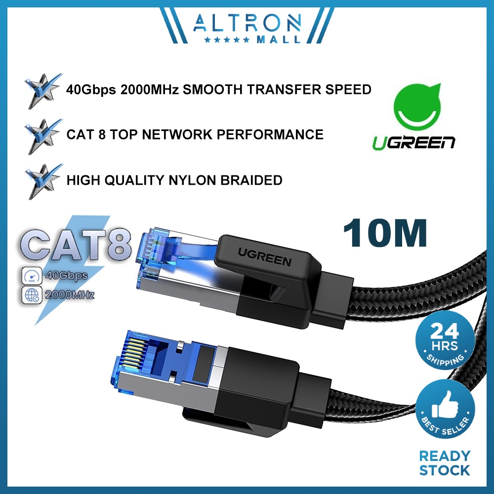 UGREEN Ethernet Cable CAT8 40Gbps Flat Networking Nylon Braided Internet LAN Cord Laptop Router RJ45 Network 10M 15M 20M